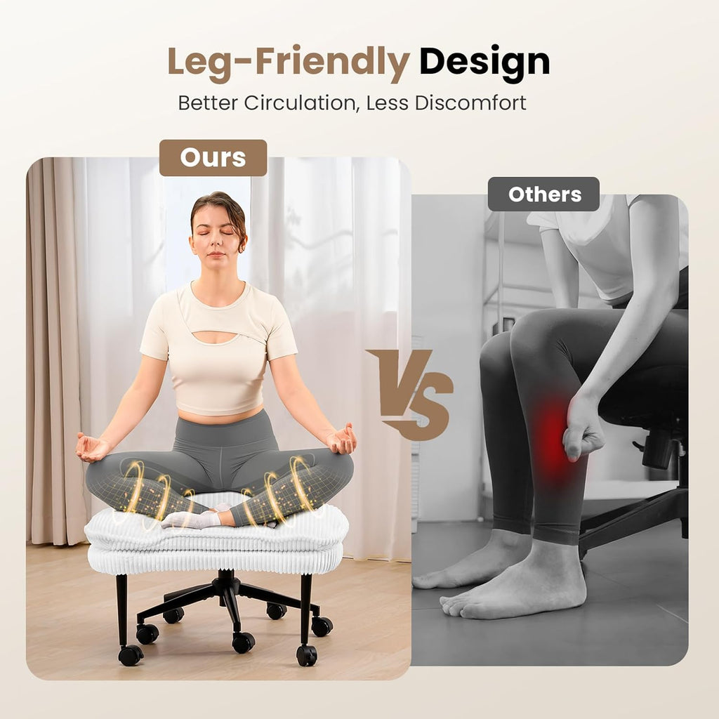 HOMRELEXA Cross Legged Office Chair, Ergonomic Cloud Criss Cross Desk Chair, Meditation Chair with Wheels, Height Adjustable Seat for ADHD, Wide Kneeling Chair with Back Support, Corduroy Fabric,White