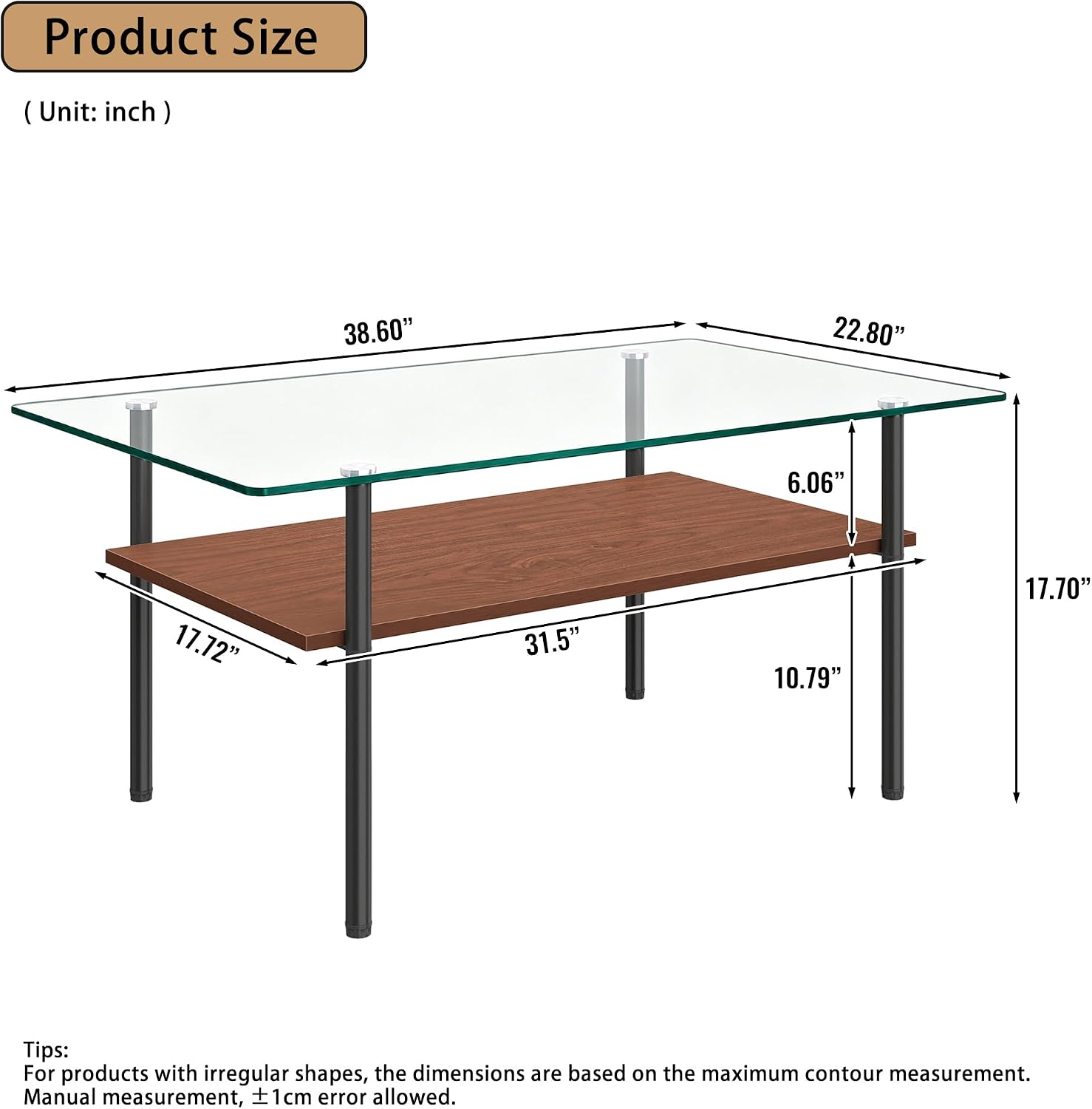 Glass Coffee Table Modern Center Table, Coffee Table for Living Room, Tempered Glass-top with Sturdy Metal Frame, Easy Assembly, Clear