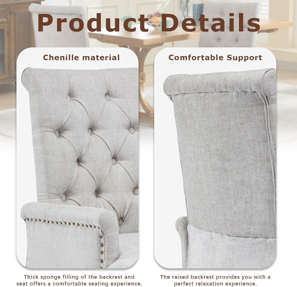 SoarFlash Chenille Dining Chairs Set of 2, Tall Back Side Chair，Modern Upholstered High-end Tufted Side Chair with Armrest, Solid Wood Leg, Beige