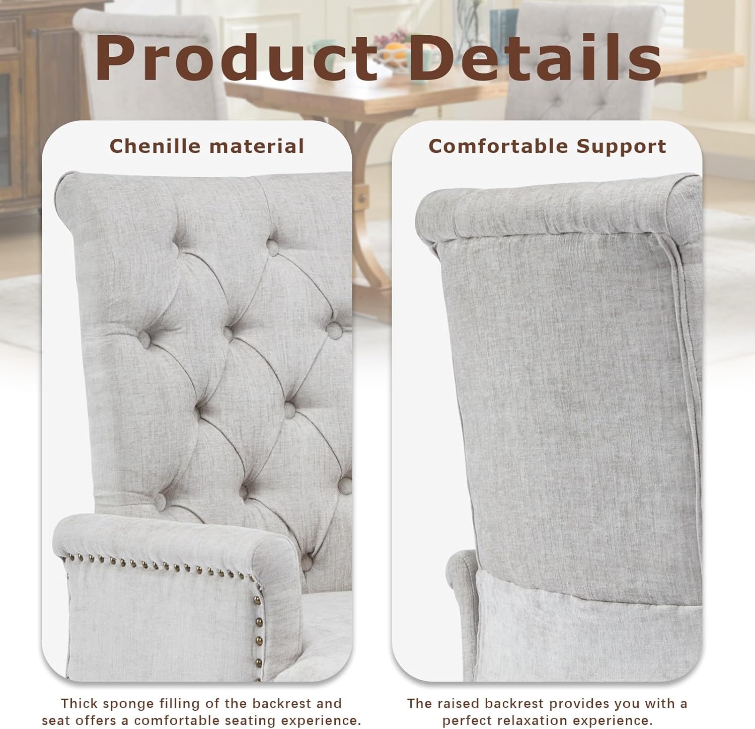 SoarFlash Chenille Dining Chairs Set of 2, Tall Back Side Chair，Modern Upholstered High-end Tufted Side Chair with Armrest, Solid Wood Leg, Beige