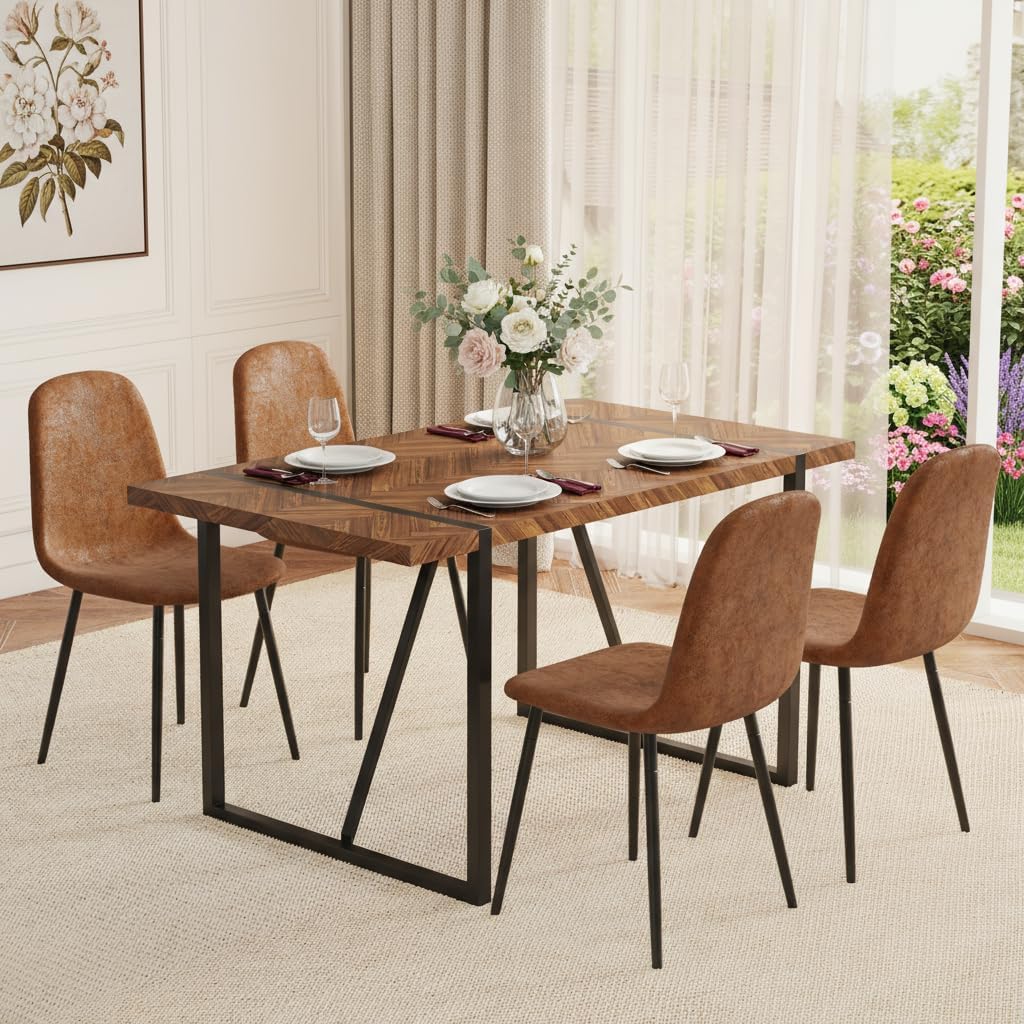 FURNITO 55" Dining Room Table Set for 4, Mid Century Modern Dining Table Set with Upholstered Chairs, Rustic Dark Wood Kitchen Table and Chairs Set for Living Room, Space-Saving & Easy Assembly