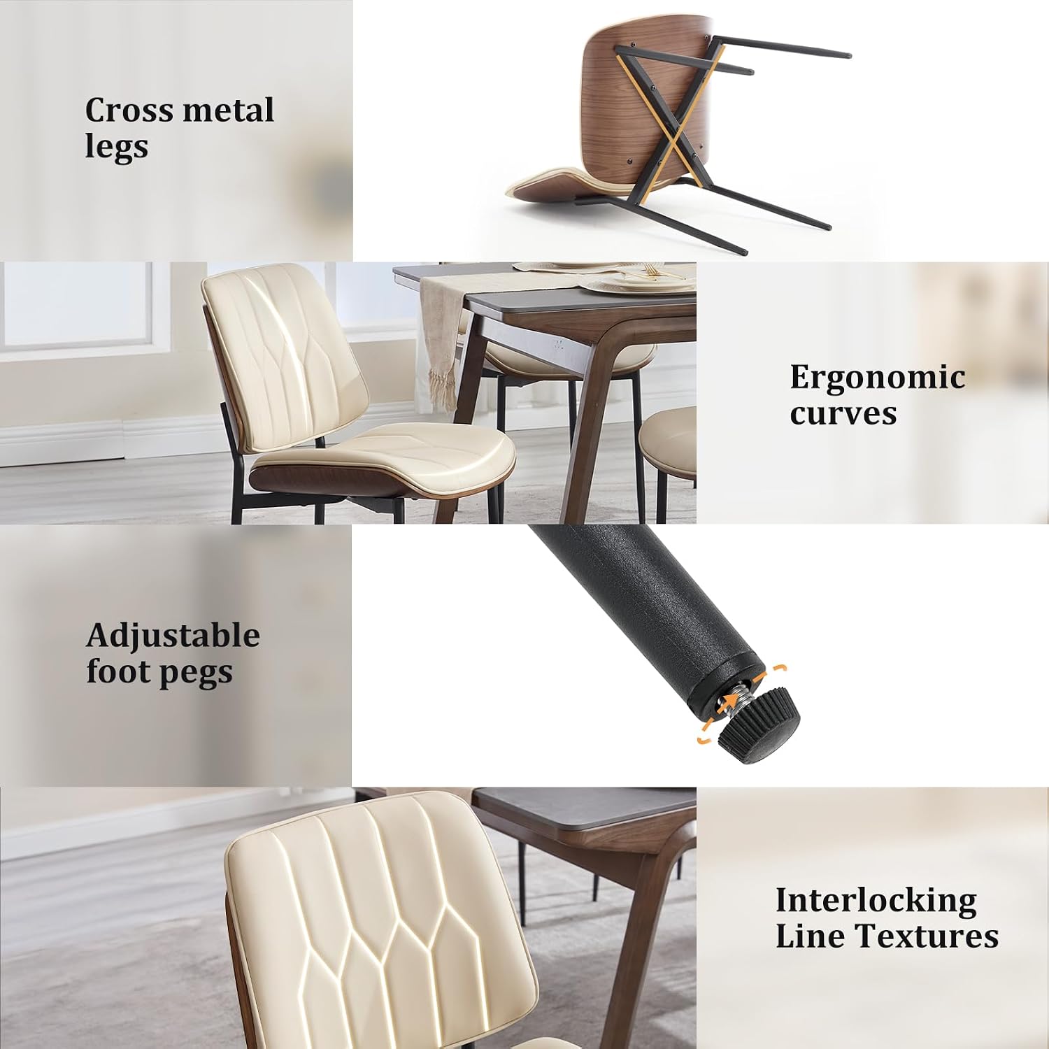 BV Mid Century Modern Dining Chairs Set of 4, Upholstered Pu Leather Armless Accent Chair with Walnut Bentwood Back, Retro Kitchen Chair for Dining Room, Living Room, Kitchen, Beige