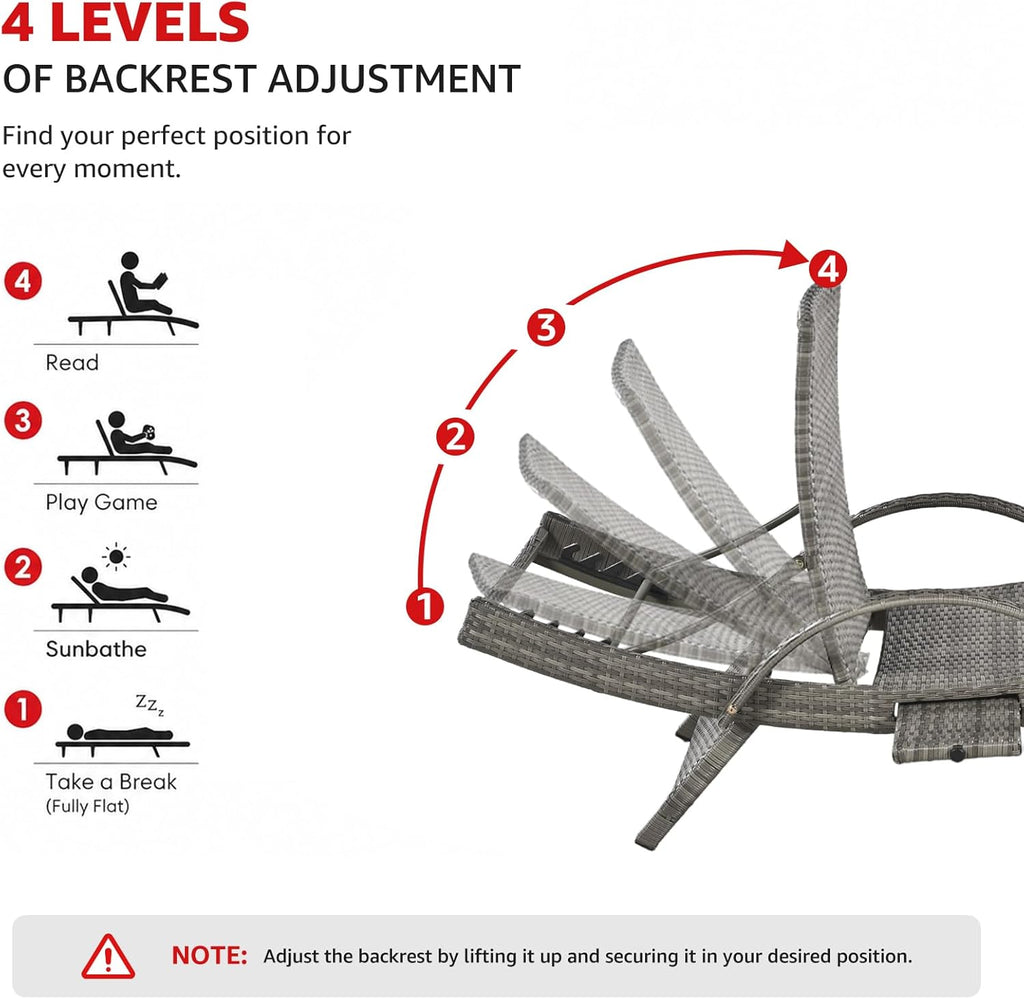 Wicker Outdoor Chaise Lounge Chairs Set of 2, Patio Rattan Reclining Chairs with Pull-Out Side Table, 4-Level Adjustable Backrest, Waterproof Tanning Chairs for Poolside, Beach & Backyard Use, Gray