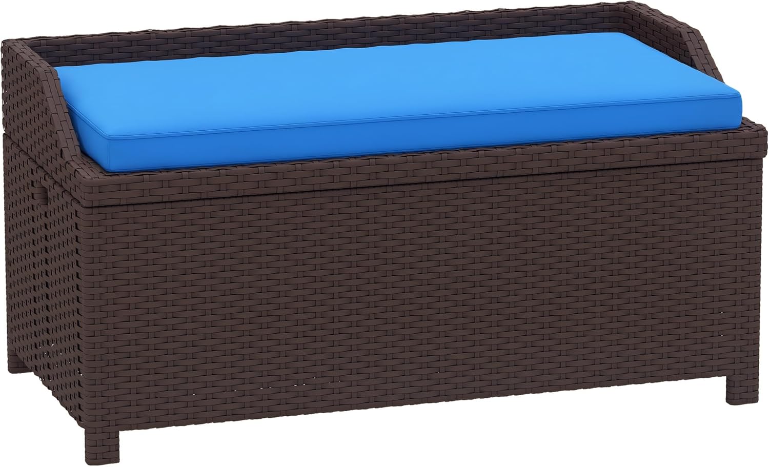 Wicker Storage Bench, Blue Outdoor Patio Storage Bench with Cushion, Deck Box Seat and Rattan Garden Organizer for Backyard Porch Poolside Furniture Accessories