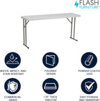 Flash Furniture Kathryn 5' Rectangular Plastic Folding Table, Long Plastic Foldable Table for Indoor/Outdoor Events, White