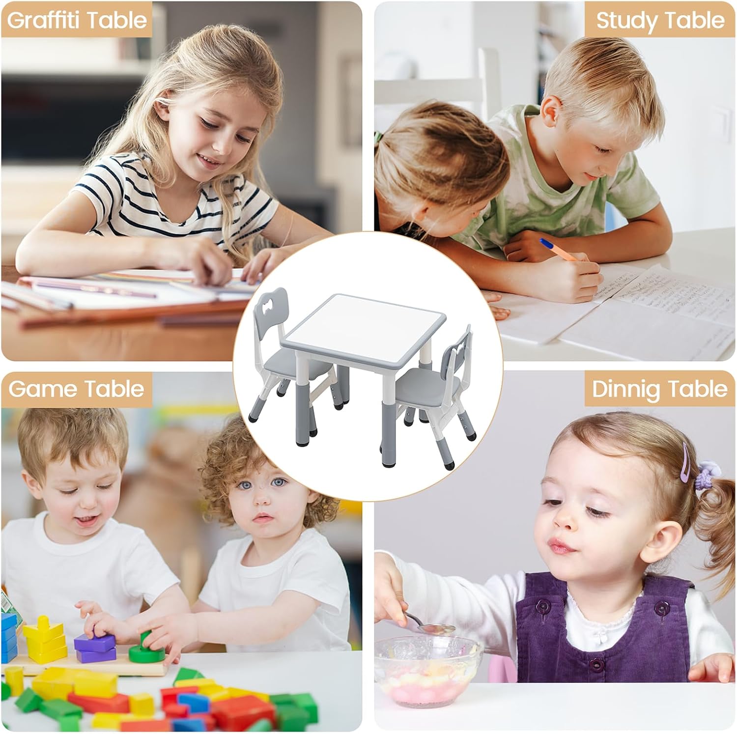 GAOMON Kids Table and 2 Chairs Set with Graffiti Desktop, Height Adjustable Toddler Table and Chairs Set for Reading, Drawing, Playing, Eating