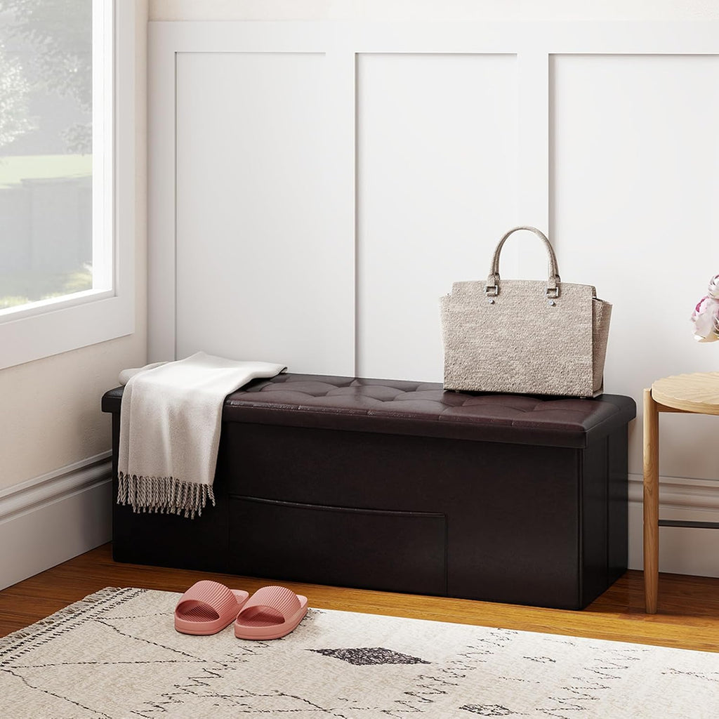 Giantex 43 Inches Folding Storage Ottoman Bench, Upholstered PU Leather Storage Chest with Side Pocket, Padded Seat, End of Bed Bench, Collapsible Ottoman Foot Rest for Living Room, Bedroom & Entryway
