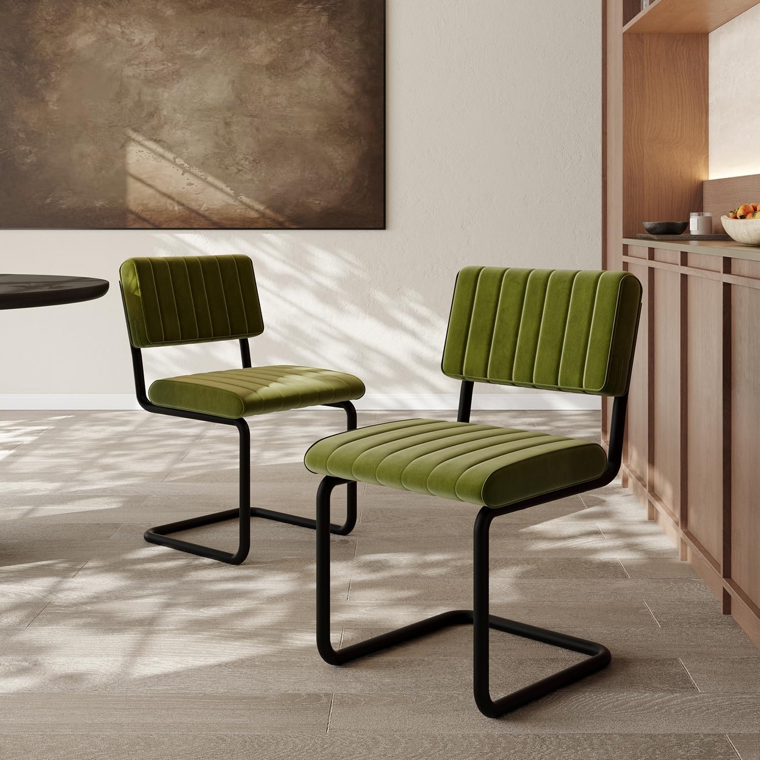 Mid Century Velvet Dining Chairs, Green Dining Chairs Set of 4, Modern Armless Side Chair, Cantilevered Back, Comfy Seat, Metal Legs, Industrial for Kitchen, Restaurant, Living Room, Olive