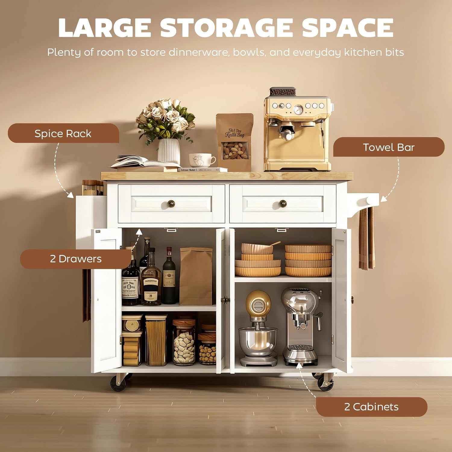 HOMCOM Kitchen Island Cart with Solid Wood Top, 44" Mobile Kitchen Island Table on Wheels with Storage Cabinets, 2 Drawers, Adjustable Shelves, Spice Rack & Towel Bar for Dining Room, White