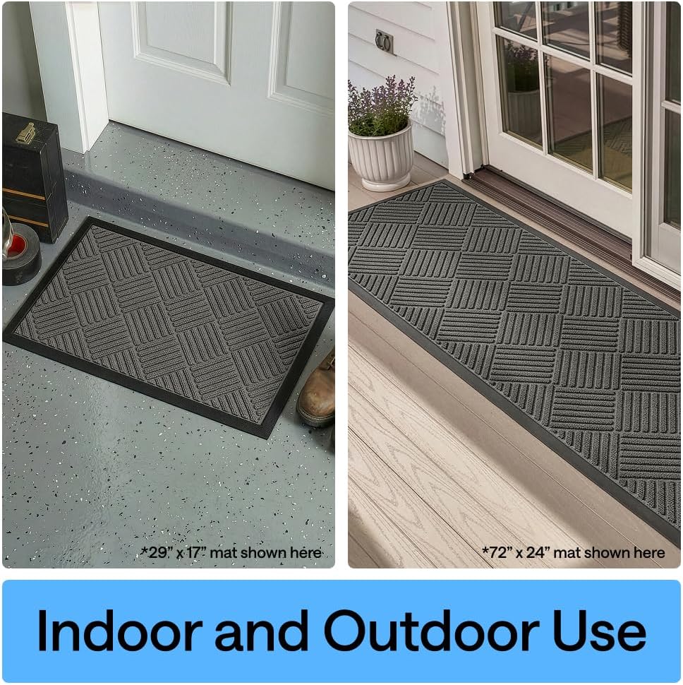 GORILLA GRIP 100% Waterproof All-Season WeatherMAX Doormat US Designed Natural Rubber, Stain Fade Resistant, Low Profile Indoor Outdoor Door Mats, Easy Clean, 29x17 Gray Diamond
