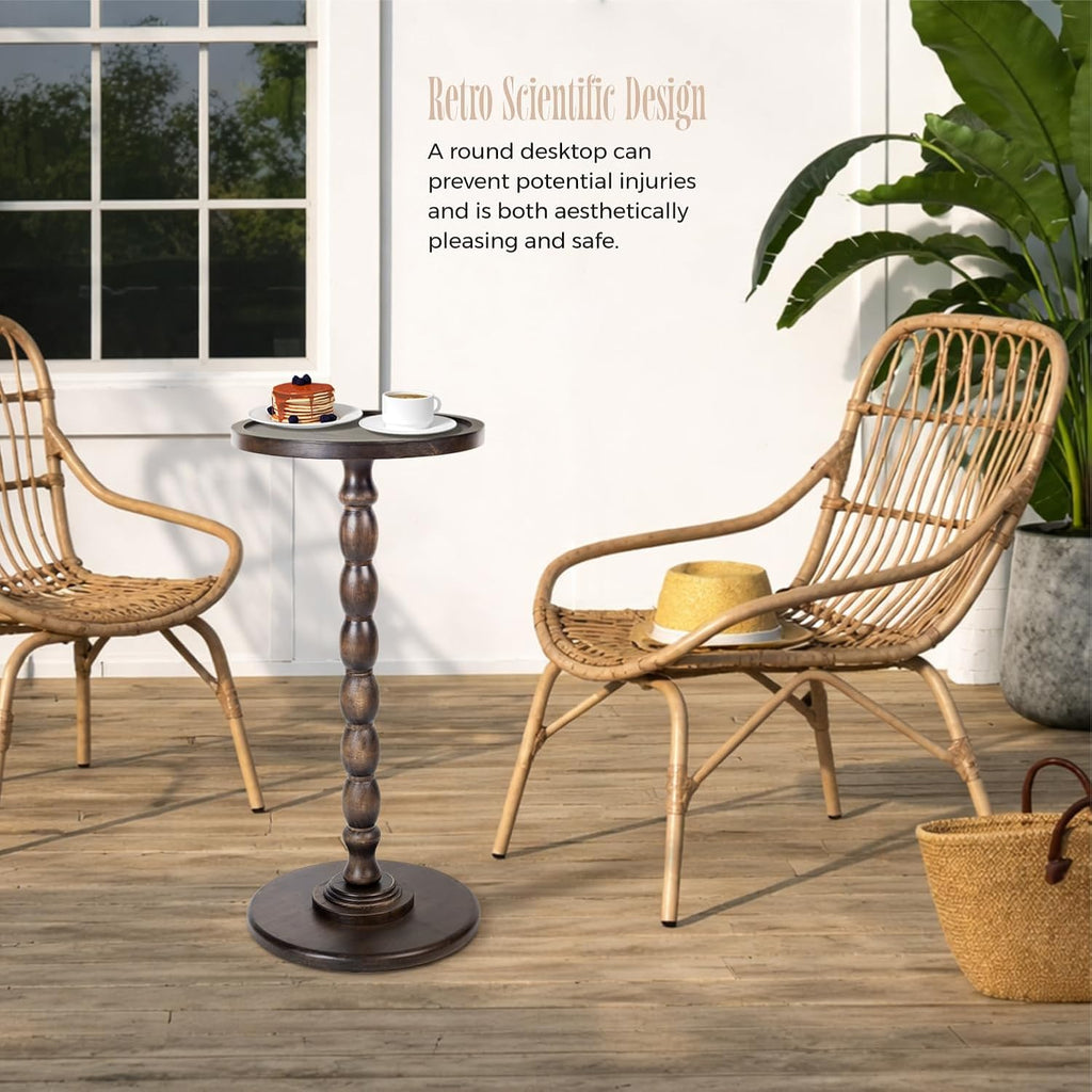 Solid Wood Round Pedestal Side Table with Tray-Top Rim – Bobbin Turned Accent End Table for Living Room, Bedroom – Compact Small Round Drink Table with Stable Base, Nightstand with Table Solid Wood