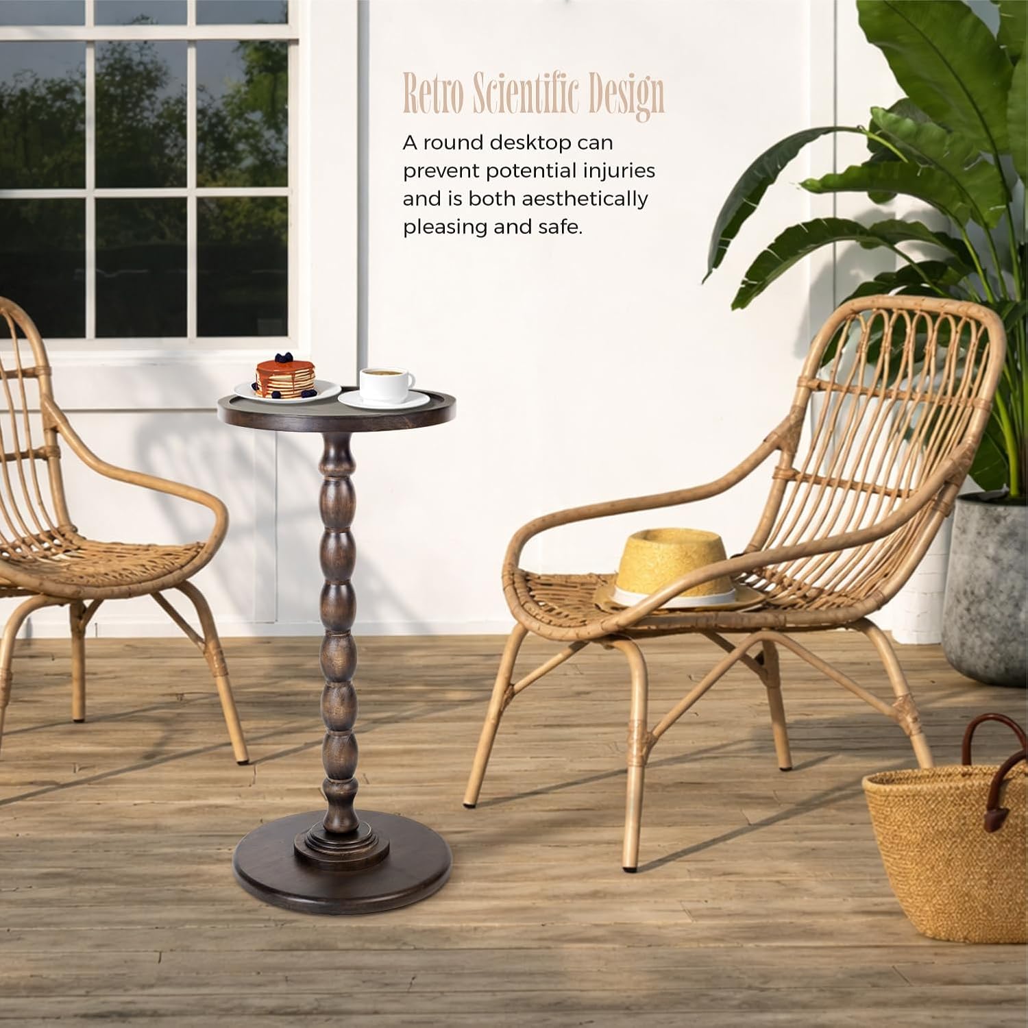 Solid Wood Round Pedestal Side Table with Tray-Top Rim – Bobbin Turned Accent End Table for Living Room, Bedroom – Compact Small Round Drink Table with Stable Base, Nightstand with Table Solid Wood