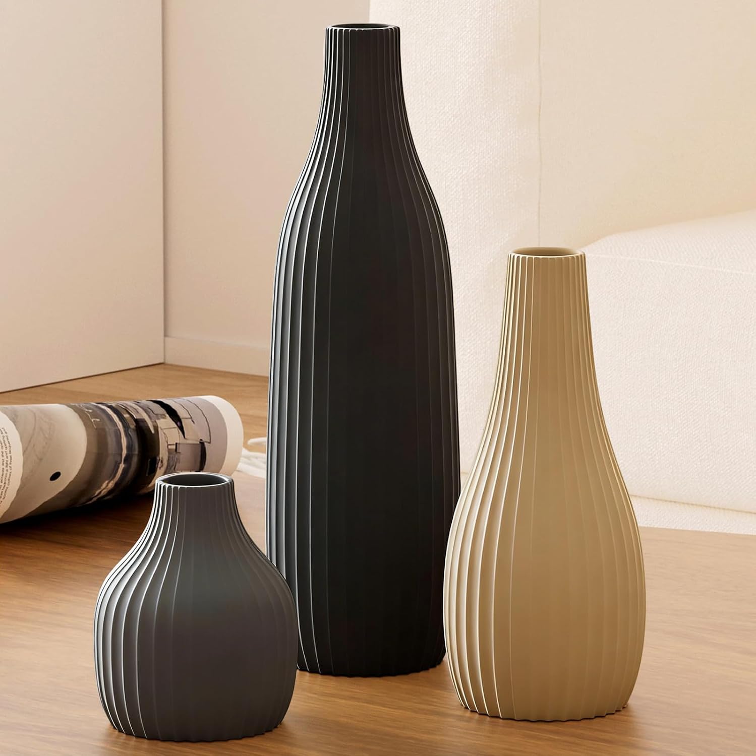 Decorative Flower Vase Set of 3 - Modern Boho Style Multicolor Vases, Ribbed Textures Ceramic Vase for Home Decor Shelf Bookshelf Mantle TV Stand Entryway Console, Dining Table Centerpiece Decor