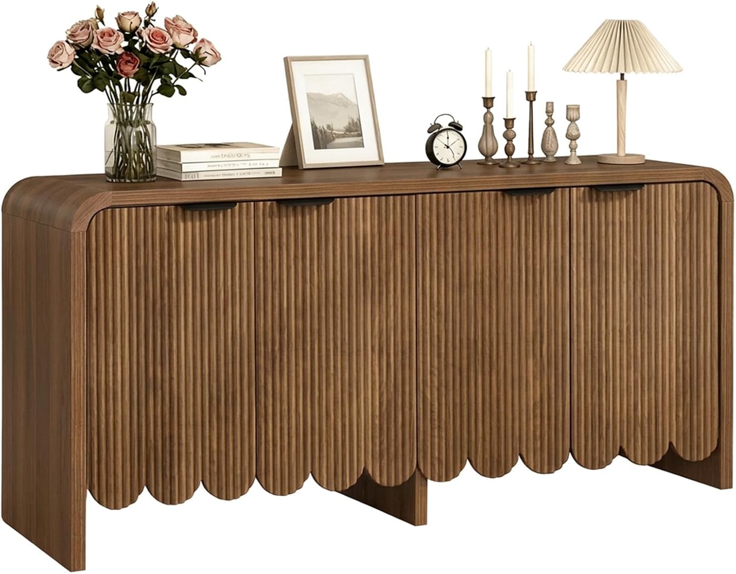 Walnut Sideboard Buffet Cabinet, Wood Storage Credeza with 4 Doors and Adjustable Shelves, Mid-Century Console Cabinet for Living Room, Kitchen, Hallway, Entrway (Walnut)