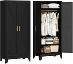 71" Armoire Wardrobe Closet, Metal Wardrobe Closet with Hanging Rod | Wardrobe Closet with Doors, Wardrobe Cabinet with Adjustable Shelves, Clothing Storage Cabinet for Bedroom, Office, Black