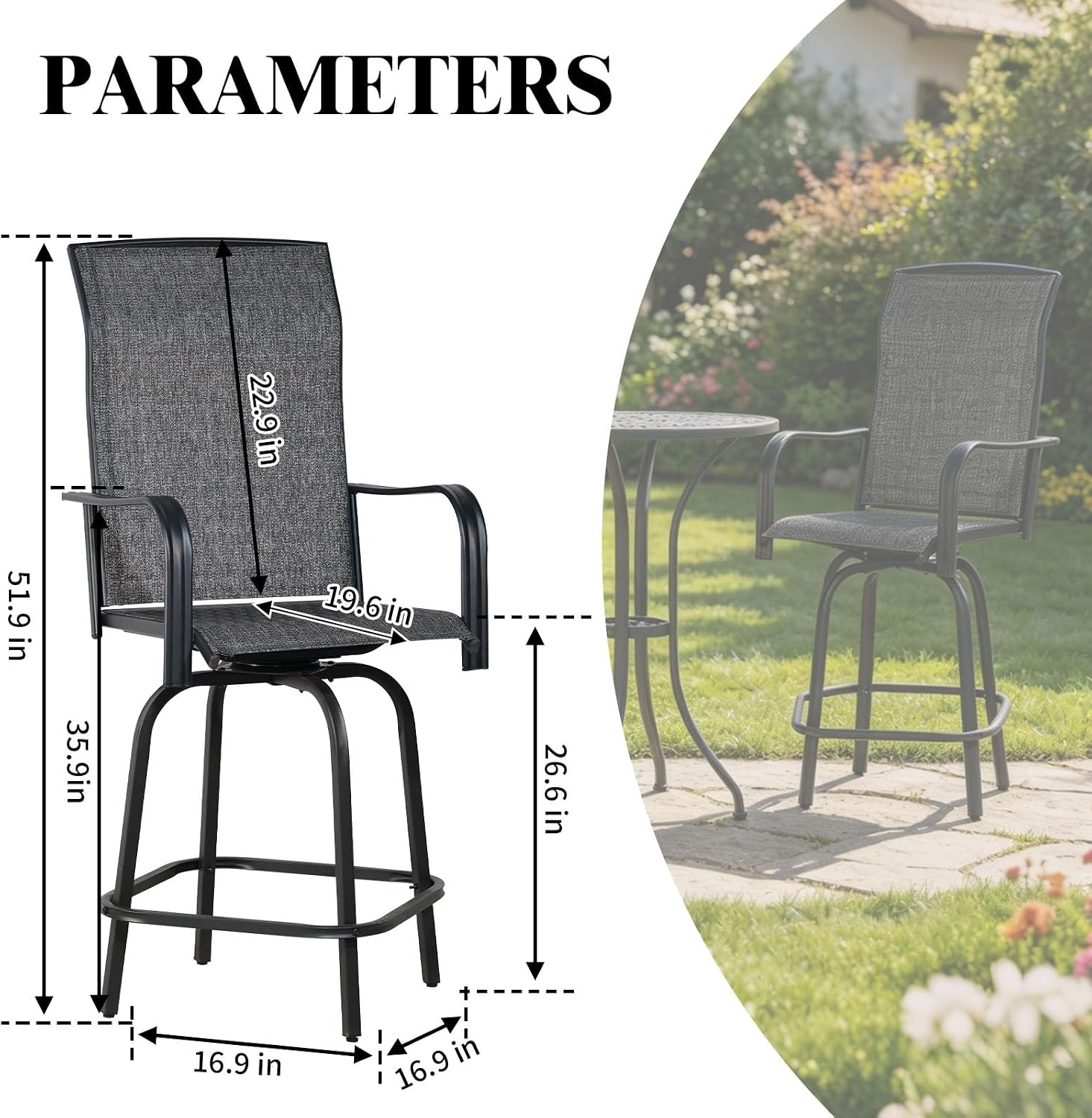 SHGJ&SOFT Outdoor Swivel Patio Bar Stools Set of 2, Bar Height Chairs, Rotating Patio Bar Stools, High Top Patio Chairs Durable Textilence Fabric for Outside,Lawn,Garden,Balcony (Dark Gray, Set of 2)