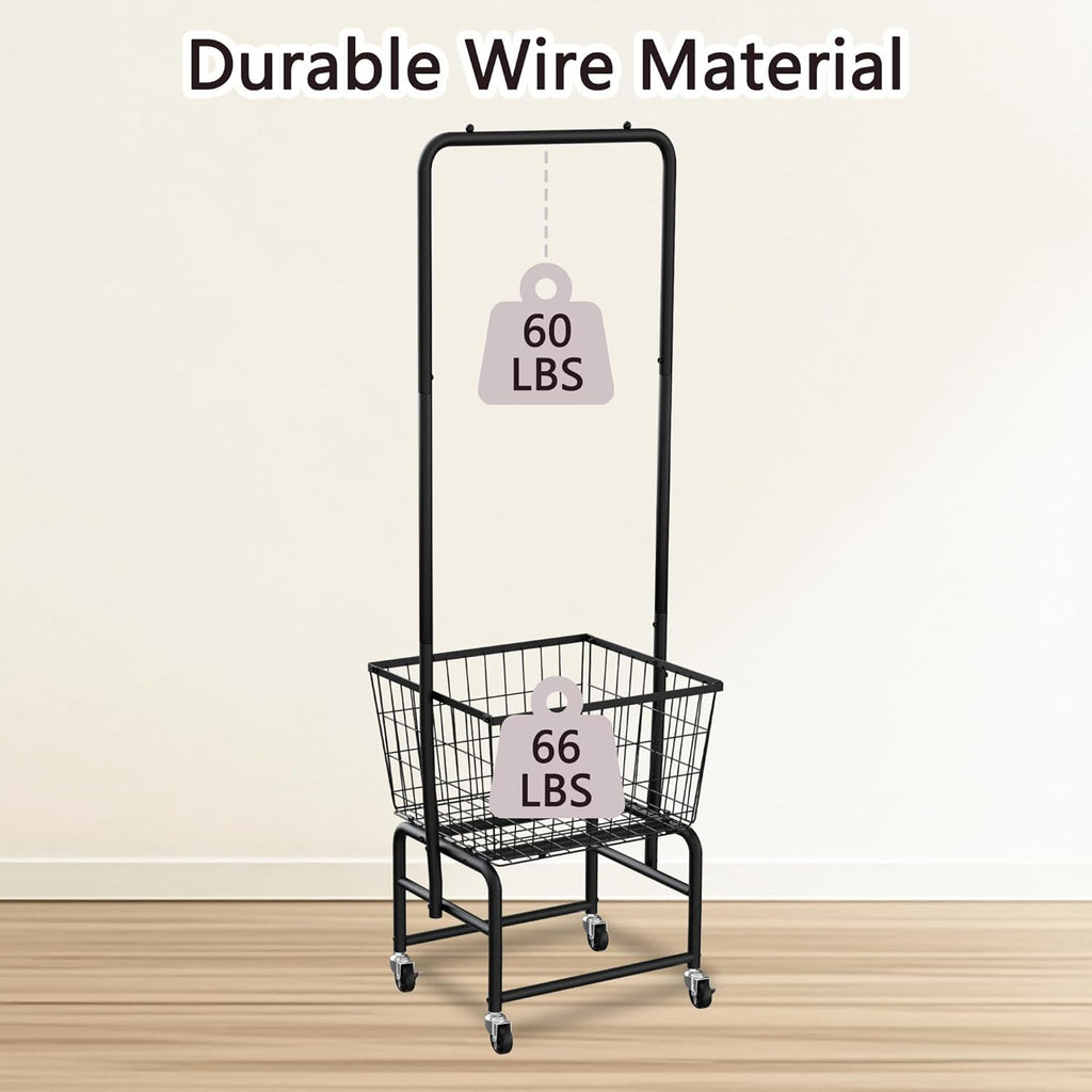 Rolling Laundry Cart with Wheels, Laundry Hamper Basket Organizer with Clothes Hanging Rack, Wire Storage Cloth Shelf Butler, Black