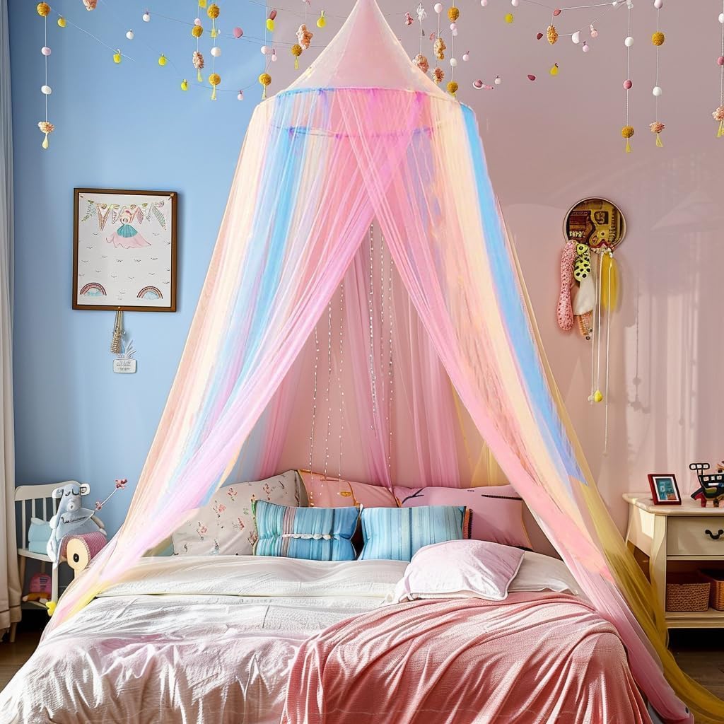 Comtelek Mosquito Net Bed Canopy for Girls,King Canopy Bed Curtains Full Queen Size from Ceiling,Dome Mosquito Netting Bed Tent Twin Girls Princess Canopy Bed White Decor for Baby Crib (Light Rainbow)