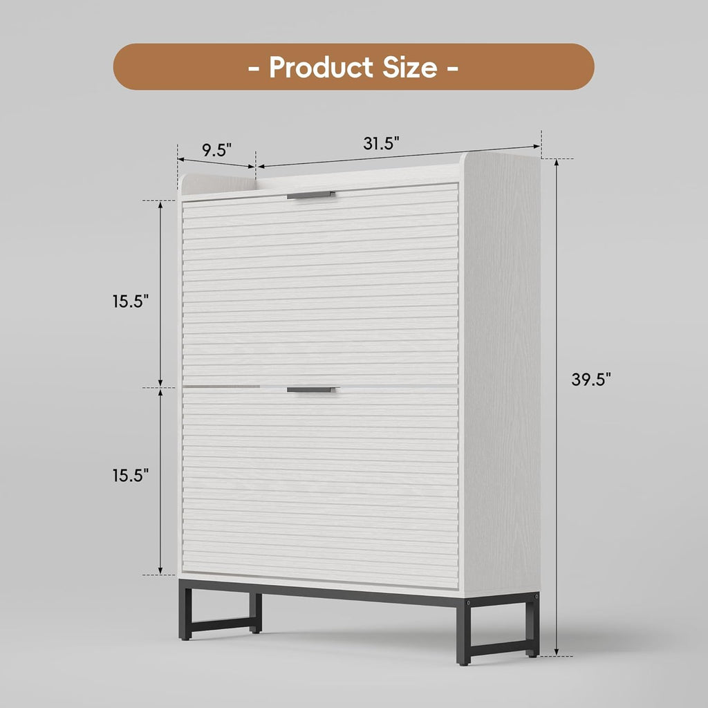 MU Shoe Storage Cabinet with 2 Flip Drawers, Freestanding Fluted Shoe Cabinet, Narrow Wood Shoe Cabinet, Hidden Shoe Organizer with Metal Legs for Entryway, Foyer, Hallway, White