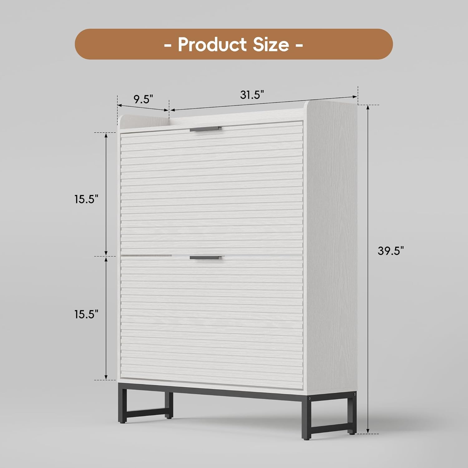 MU Shoe Storage Cabinet with 2 Flip Drawers, Freestanding Fluted Shoe Cabinet, Narrow Wood Shoe Cabinet, Hidden Shoe Organizer with Metal Legs for Entryway, Foyer, Hallway, White