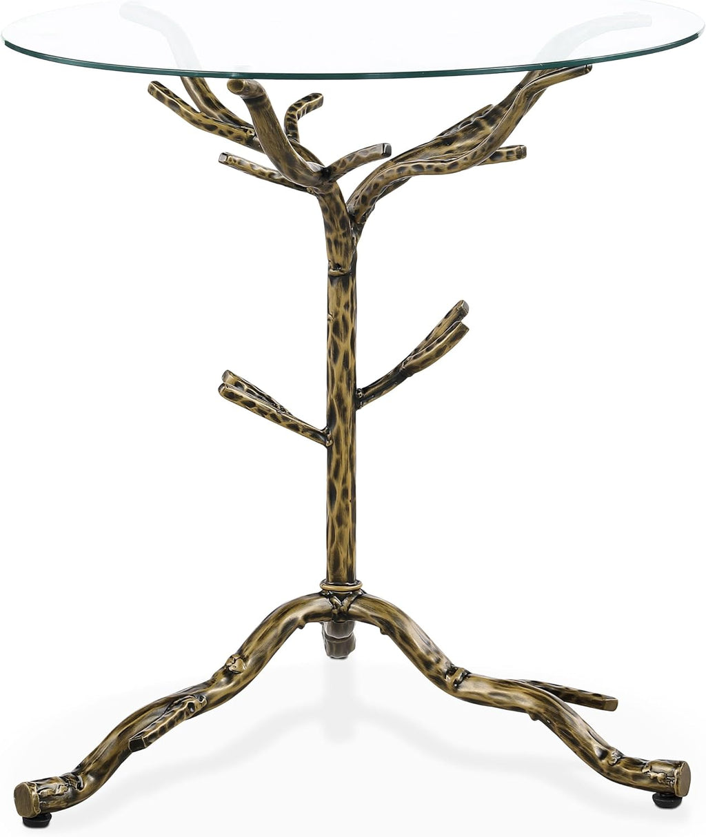 24/7 Shop at Home Lalia Modern Round End Table with Nature-Inspired Branch Base, Tempered Glass Top, Hammered Steel Frame for Living Room, Matte Gold