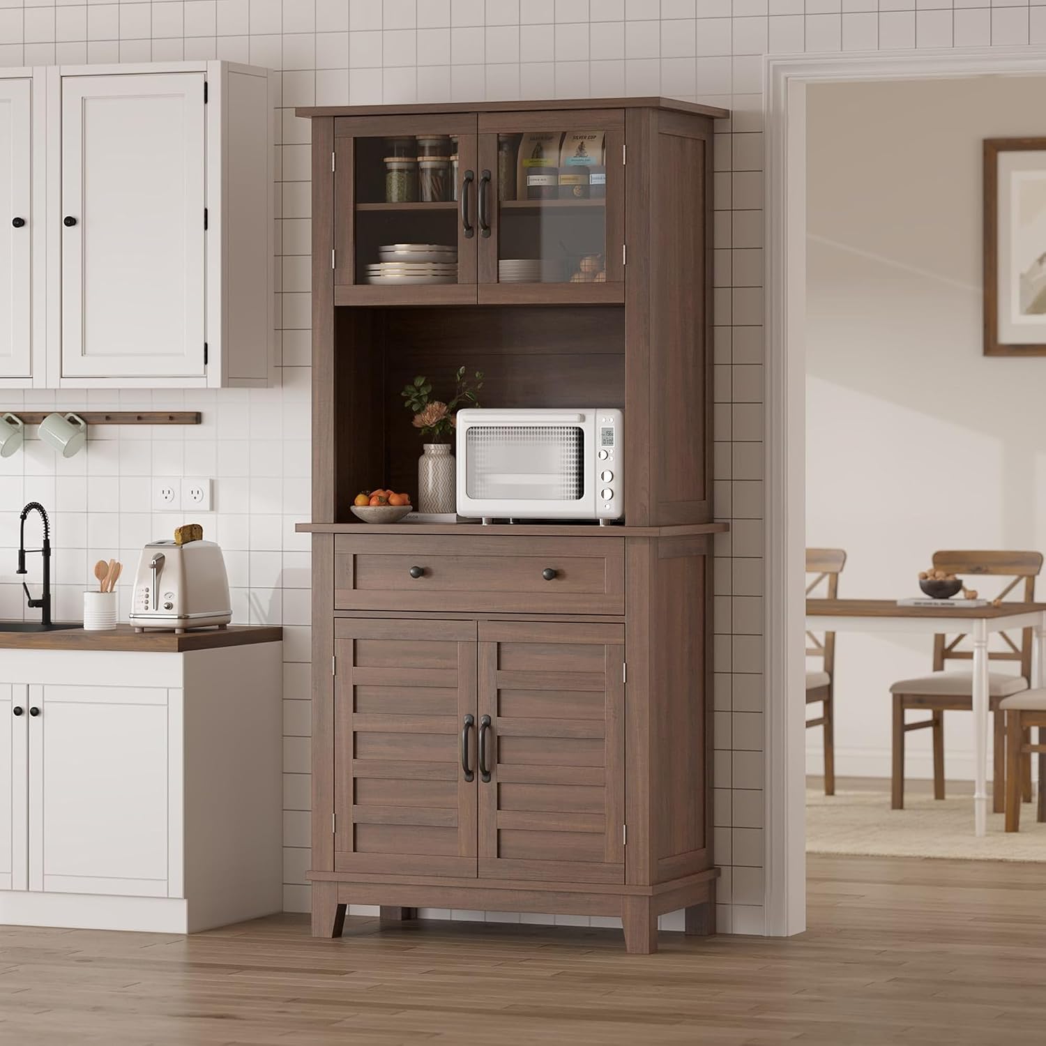 GAOMON 72“ Tall Pantry Cabinet with Drawer, 32” Wide Kitchen Pantry Storage Cabinet with Countertop, Large Kitchen Hutch with Storage Drawers and Doors for Dining Room, Living Room, Brown