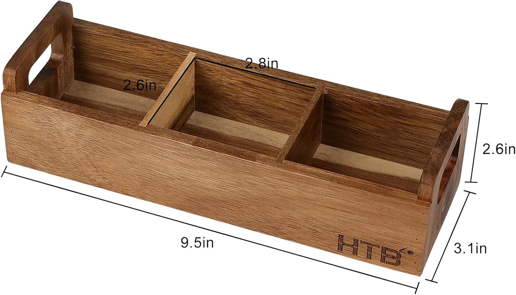 HTB Acacia Wood Small Tea Bag Box with 3 Compartments for Counter Drawer | Tea Bag Chest with Handle, Mini Countertop Divided Storage Container for Beverage Supplies, Sugar, Sweeteners