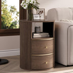 JOINICE Round End Tables Living Room, Fluted End Table with 2 Drawers and Open Shelf, 24" Tall Sofa Side Table with Storage, Nightstand for Bedroom, Living Room, Walnut