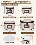 punemi China Storage Containers, 4 Pack Hard Shell Plate Dish Storage Cases with Padded Dividers & Quilted Lining, Stackable Dinnerware Storage Protectors for Moving Boxes & Holiday Storage, Beige