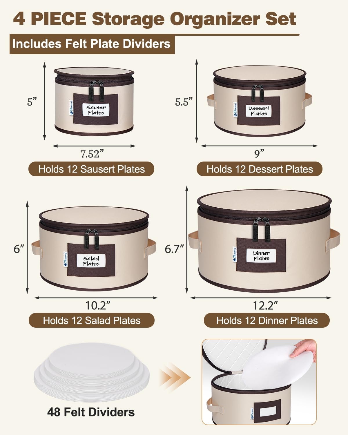 punemi China Storage Containers, 4 Pack Hard Shell Plate Dish Storage Cases with Padded Dividers & Quilted Lining, Stackable Dinnerware Storage Protectors for Moving Boxes & Holiday Storage, Beige