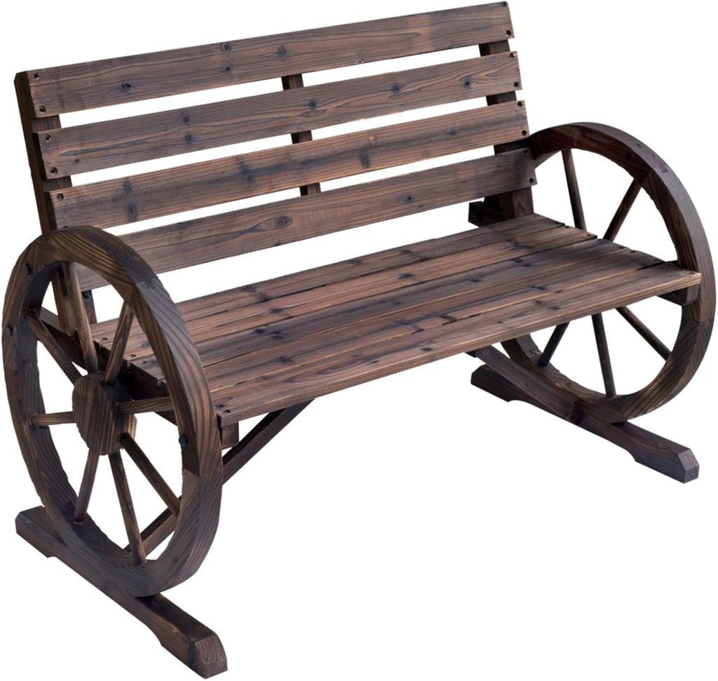 Hassyee Outdoor Patio Wooden Bench with Wagon Wheel and Slatted Design for Poolside, Park, Special Garden Bench with Rustic Style and Durable Wood Construction for Deck, Lawn