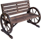 Hassyee Outdoor Patio Wooden Bench with Wagon Wheel and Slatted Design for Poolside, Park, Special Garden Bench with Rustic Style and Durable Wood Construction for Deck, Lawn