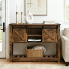 Entryway Table with Storage, Farmhouse Buffet Cabinet Coffee Bar Kitchen Island with Sliding Barn Doors & Shelves, Console Table for Kitchen, Dining Room, Living Room, Brown
