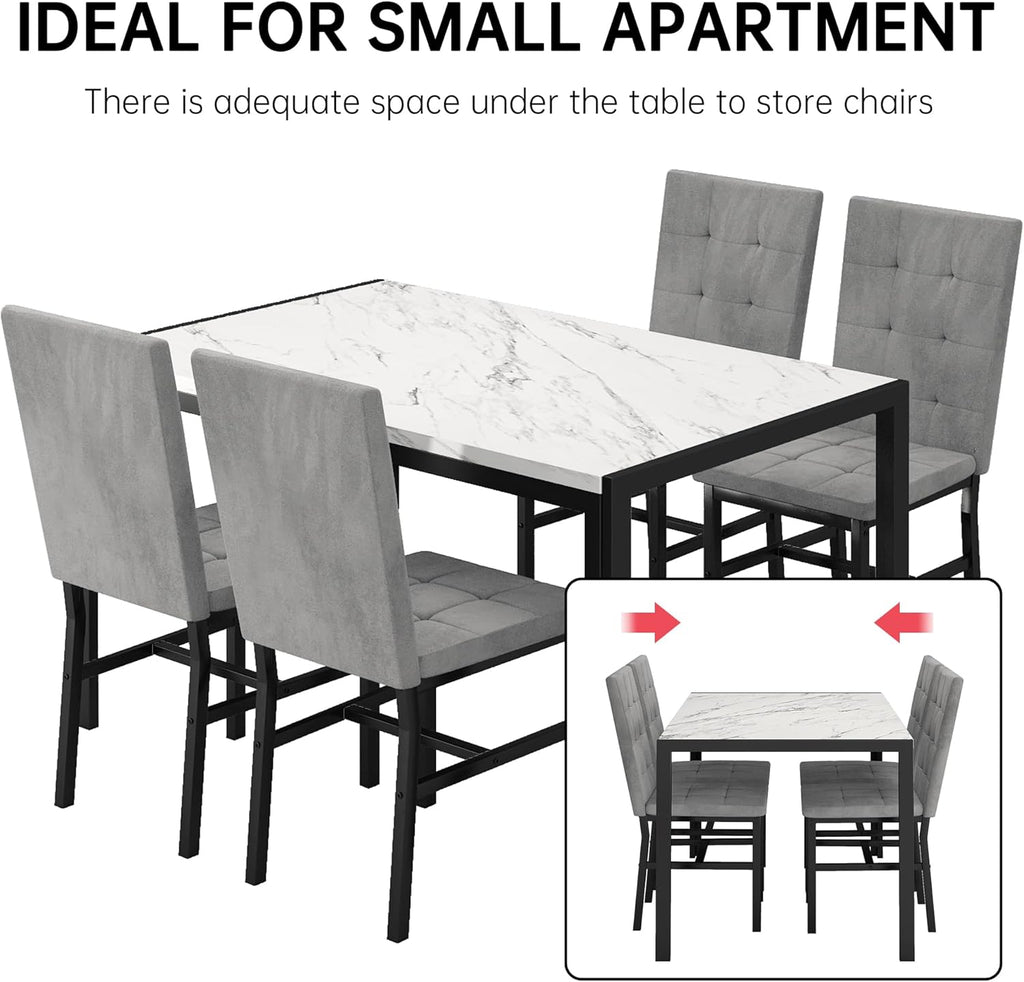 DKLGG 5-Piece Dining Table Set for 4, Faux Marble Kitchen Table Chairs Set of 4 with Upholstered Chairs, Modern Dining Room Table Set for Small Spaces (White+Tufted Grey)