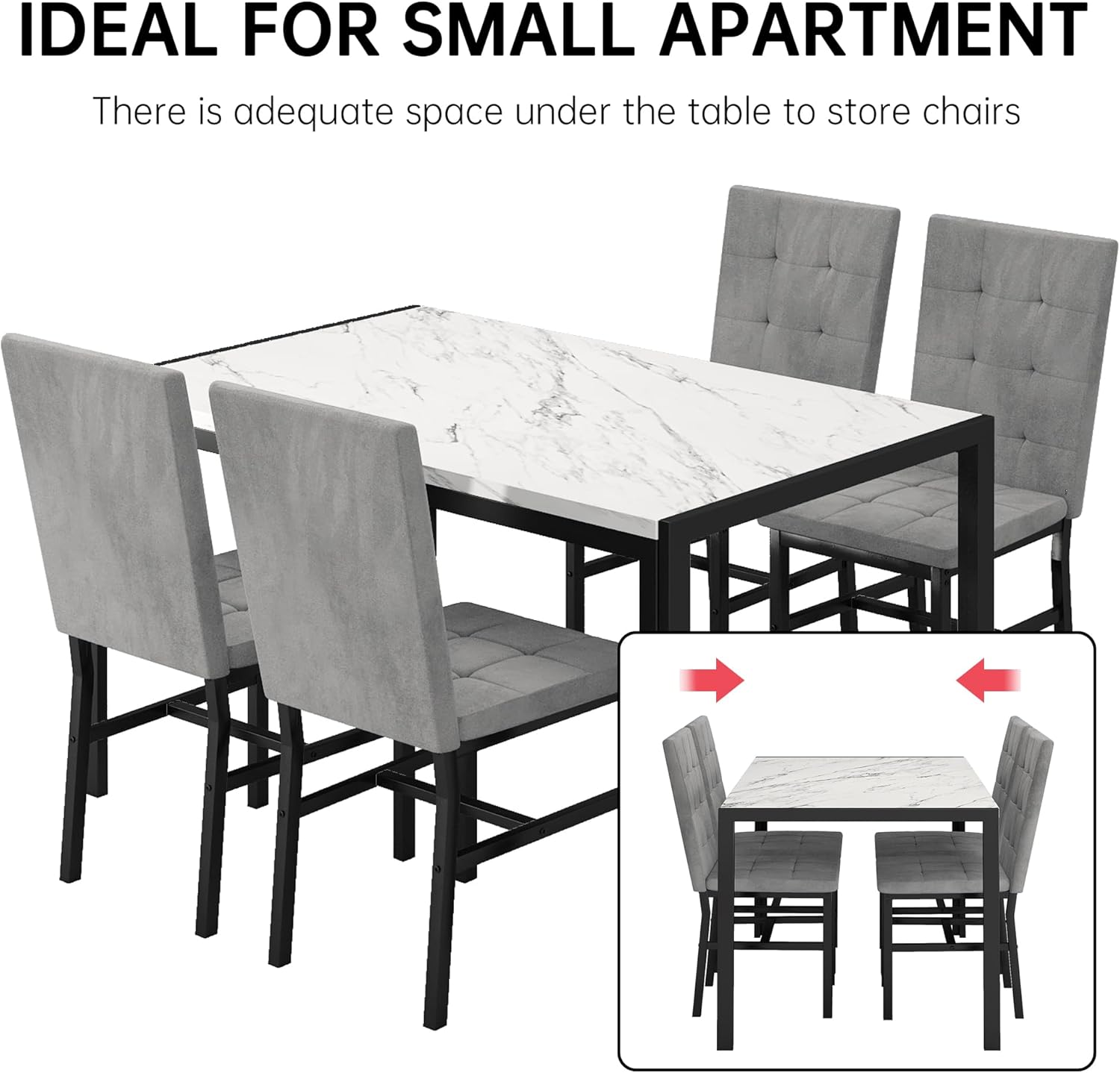 DKLGG 5-Piece Dining Table Set for 4, Faux Marble Kitchen Table Chairs Set of 4 with Upholstered Chairs, Modern Dining Room Table Set for Small Spaces (White+Tufted Grey)