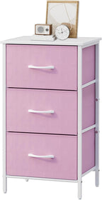 Stero Nightstand, Kids Dresser with 3 Drawers, Steel Frame Bedside Furniture, Wood Top Fabric Night Stand, Colorful End Table for Home, Bedroom, Office, Pink