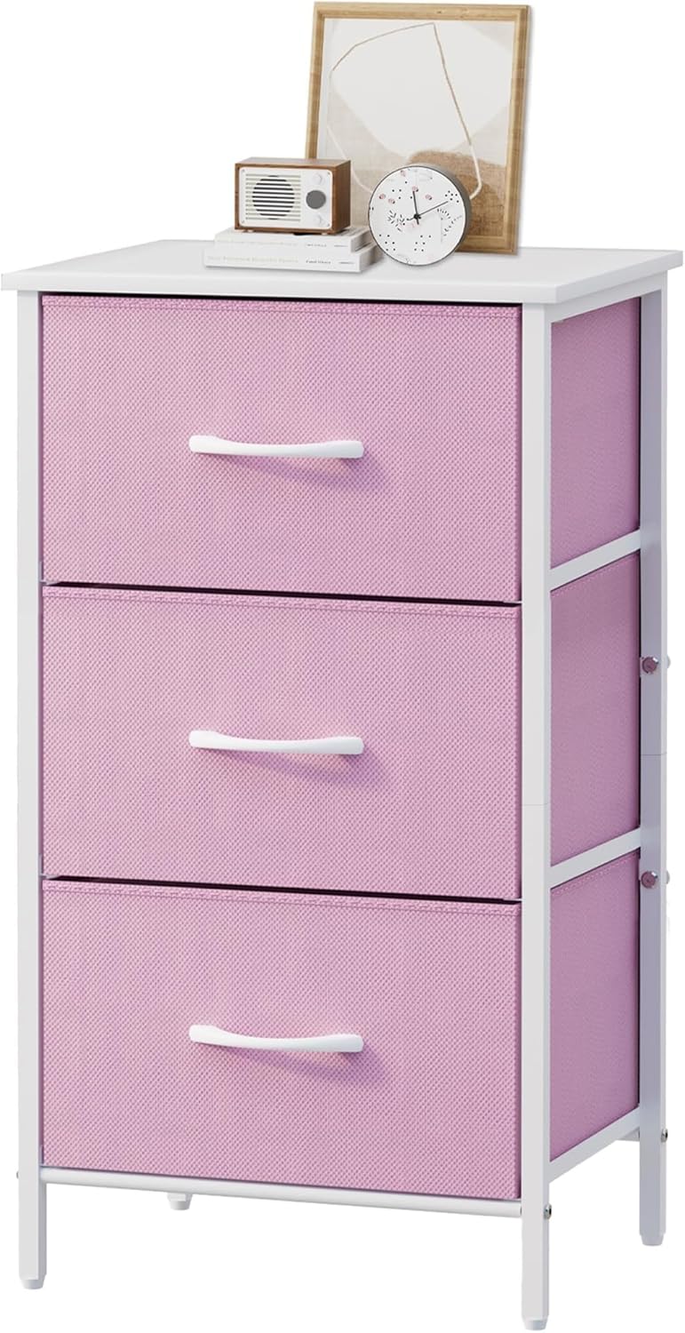 Stero Nightstand, Kids Dresser with 3 Drawers, Steel Frame Bedside Furniture, Wood Top Fabric Night Stand, Colorful End Table for Home, Bedroom, Office, Pink