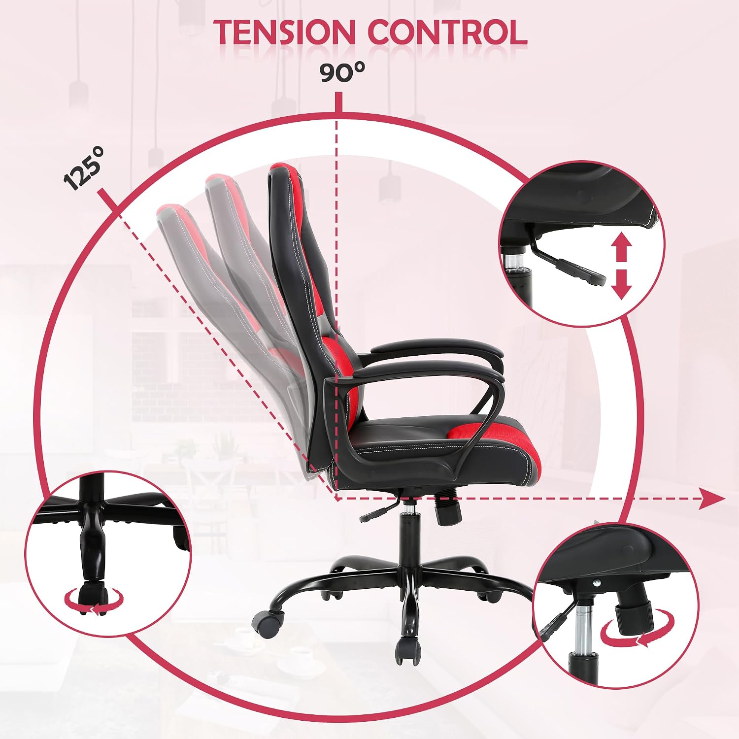 Cheap Gaming Chair Video Game Chair Ergonomic Computer Game Chair with Lumbar Support Adjustable Armrest High Back Racing Swivel Office Chair PU Leathe for Adults Kids Red
