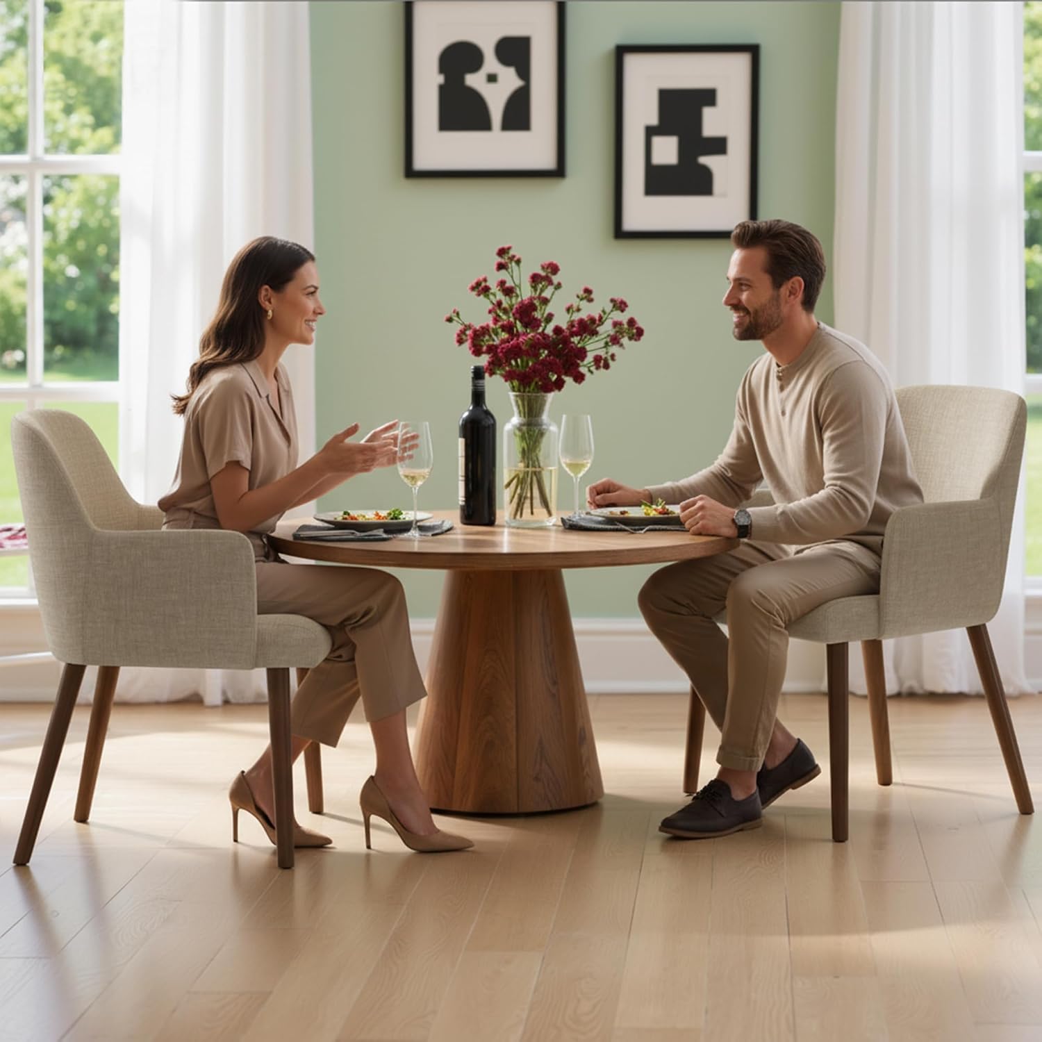 Upholstered Dining Chairs Set of 4, Modern Kitchen Chairs with Back and Curved Armrest, Fabric Side Dining Room Chairs with Wood Legs for Kitchen Dining Room Restaurant, Beige