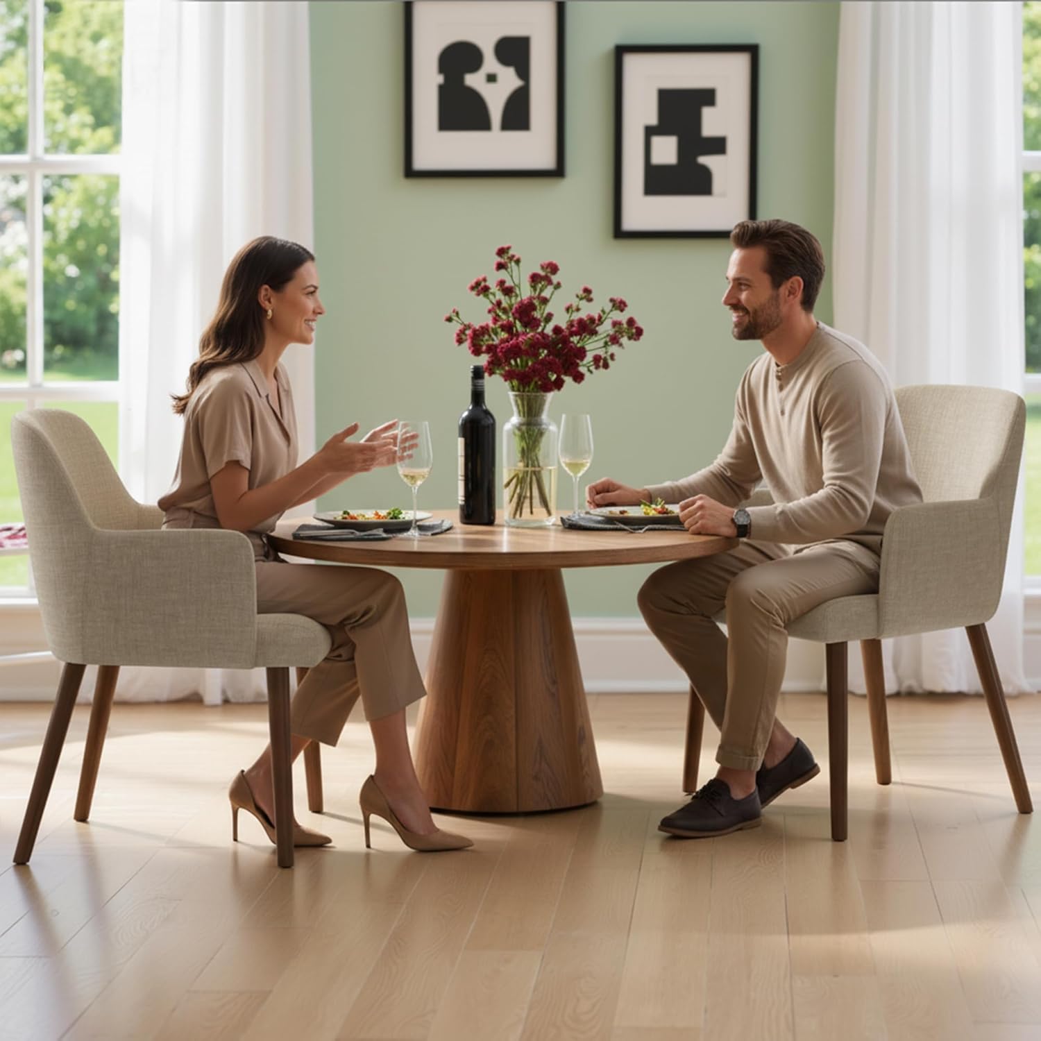 Upholstered Dining Chairs Set of 2, Modern Kitchen Chairs with Back and Curved Armrest, Fabric Side Dining Room Chairs with Wood Legs for Kitchen Dining Room Restaurant, Beige