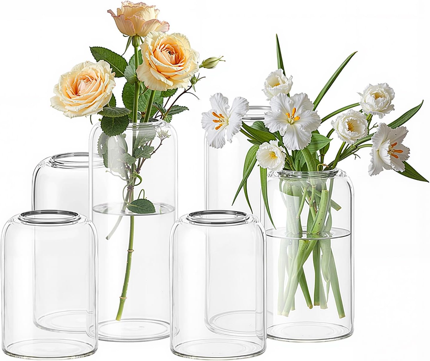 24 Clear Glass Vases | 3 Hights(6.5“ H+5“ H+3.9“ H), Curved-Rim Cylinder Vases for Rustic Farmhouse Centerpieces Wedding Table Decor Bud Vases in Bulk