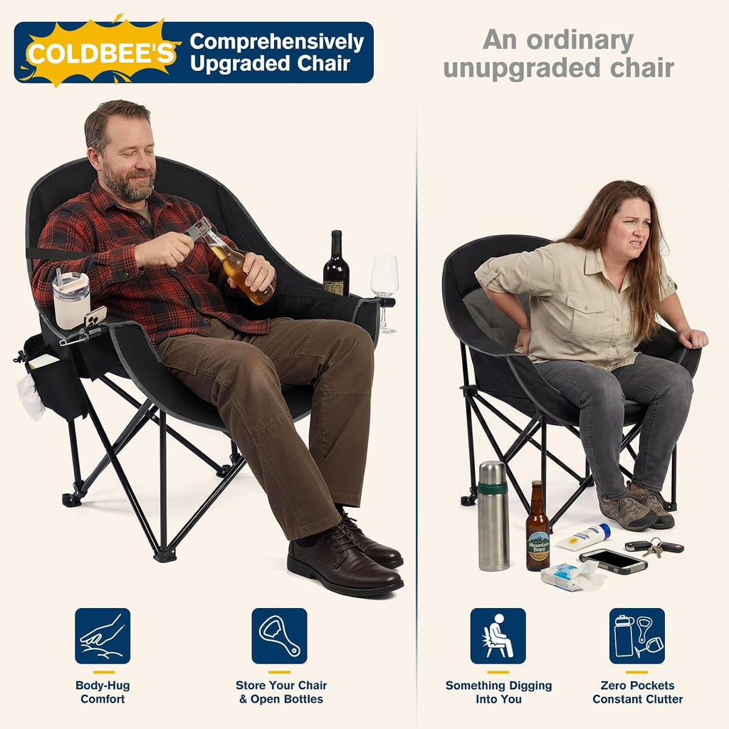 Coldbee Oversized Camping Chairs for Adults - Heavy Duty Padded Folding Lawn Chairs with Cup Holders & Cooler Bag, Comfy Outdoor Chair for Picnic, Beach, Fishing (Black)