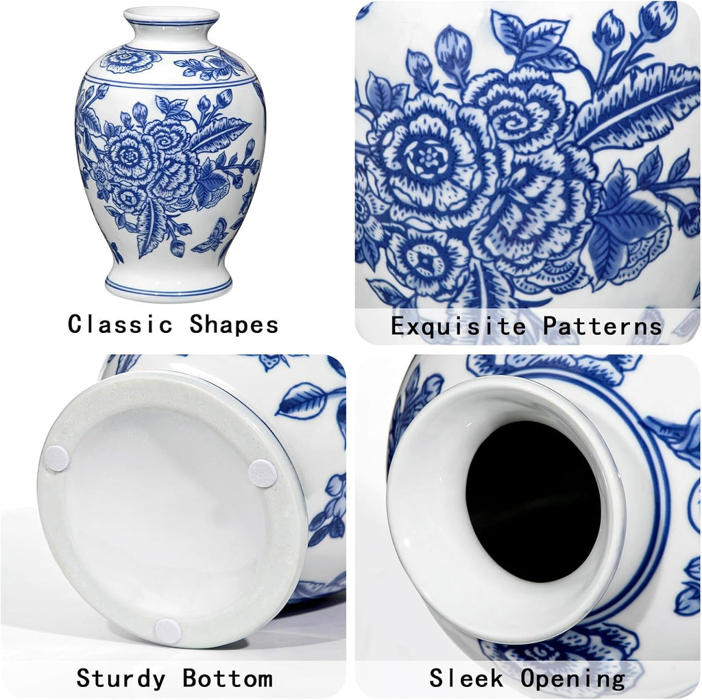 Blue and White Vase, Ceramic Vase for Home Decor 9.4" Chinoiserie Vases for Flowers Blue and White Porcelain Flower Vases for Living Room, Bathroom, Dinner Table Centerpieces