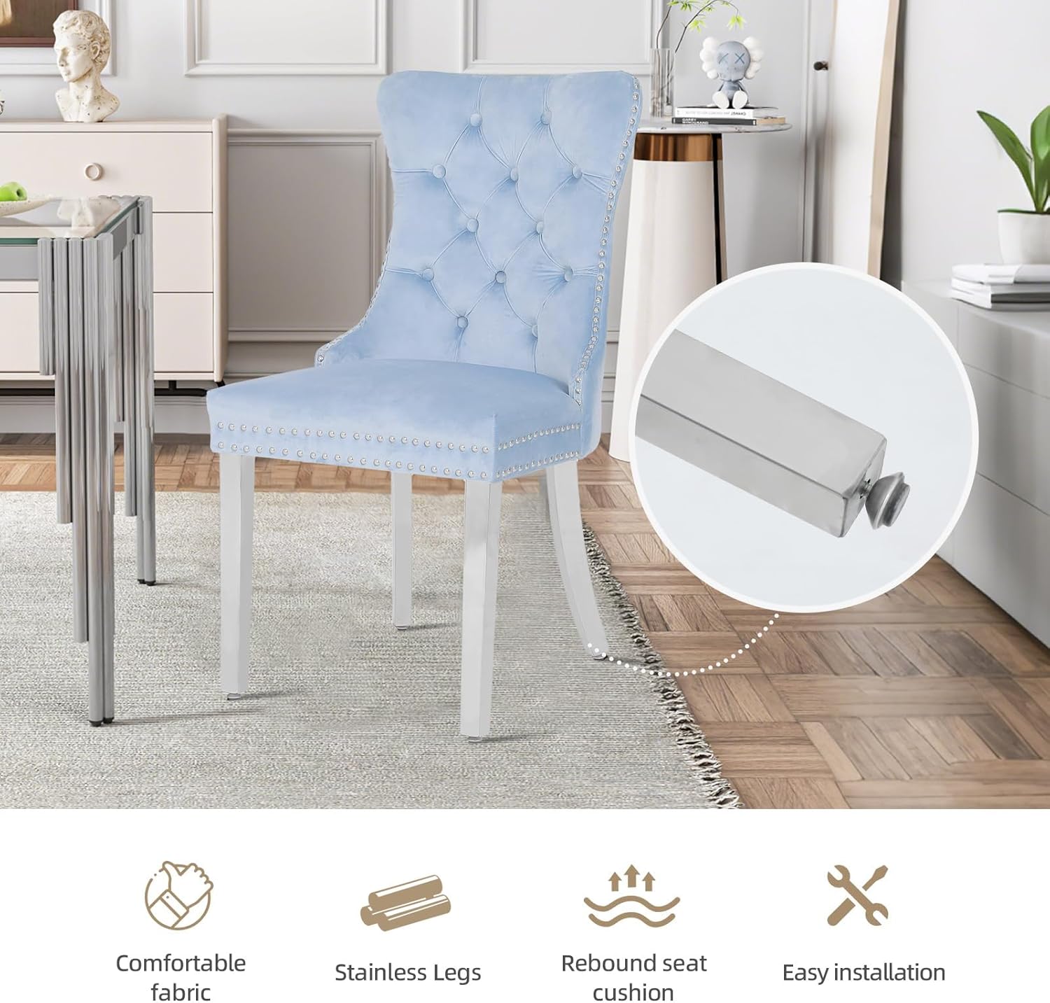 Velvet Dining Chairs Set of 4,Upholstered Dining Room Chairs with Stainless Steel Legs,Modern Luxury Kitchen Accent Chair with Button Tufted High Back,Pull Ring,Nailhead Trim,Light Blue