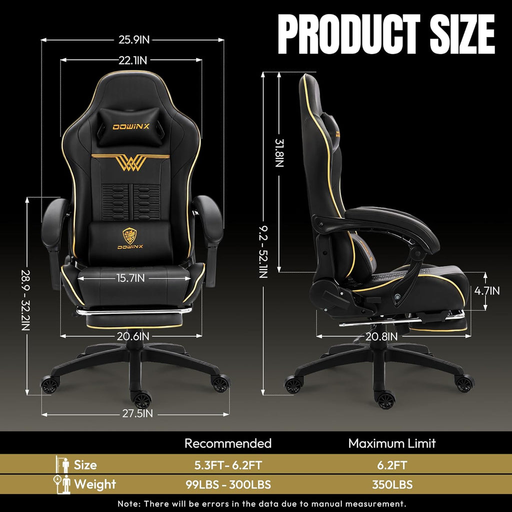 Dowinx Big and Tall Gaming Chair 350LBS, Racing Style Ergonomic Computer Chair with Side-Mounted Recline Control, Footrest & Massage Lumbar, High Back Chair with Embroidered Design for Work, Black