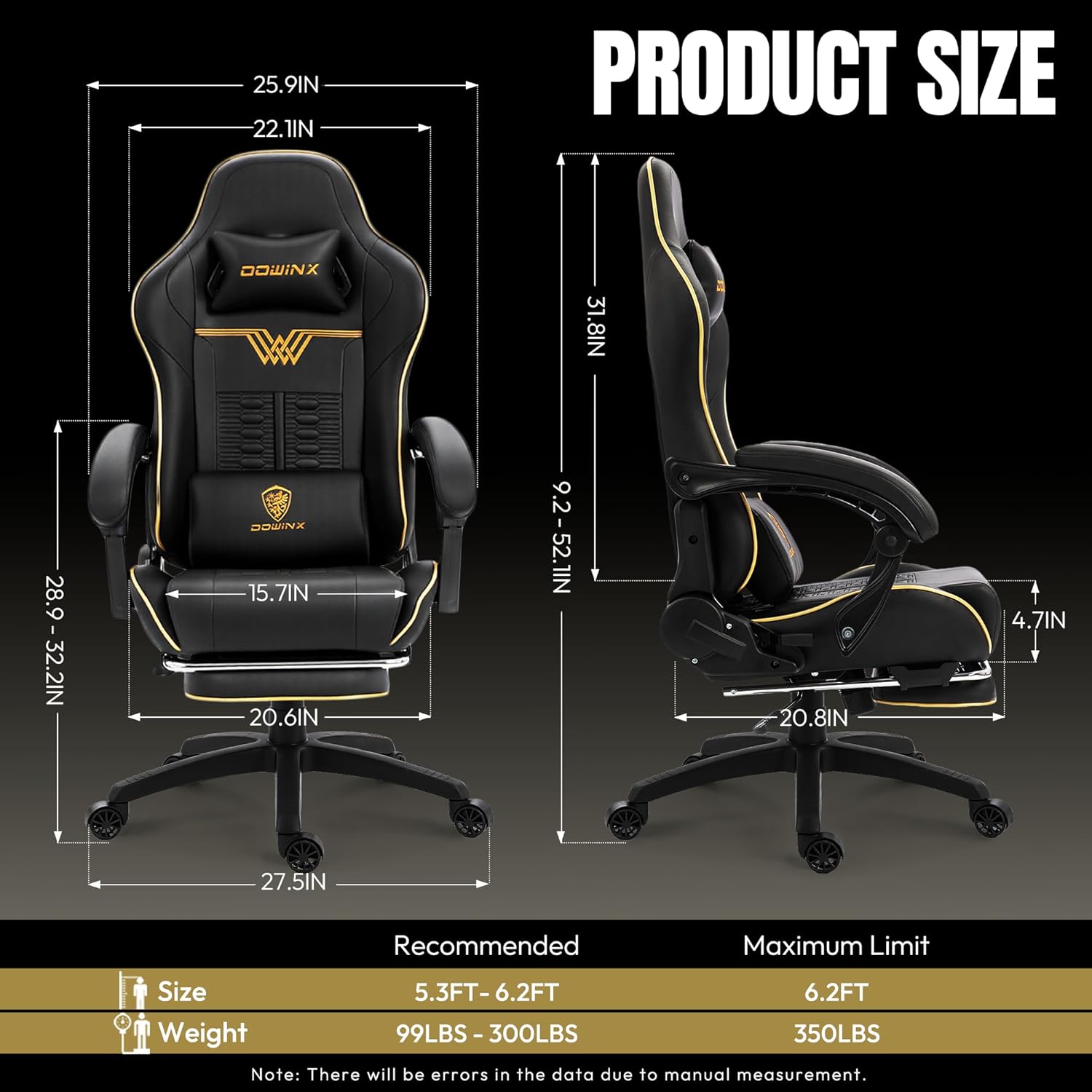 Dowinx Big and Tall Gaming Chair 350LBS, Racing Style Ergonomic Computer Chair with Side-Mounted Recline Control, Footrest & Massage Lumbar, High Back Chair with Embroidered Design for Work, Black