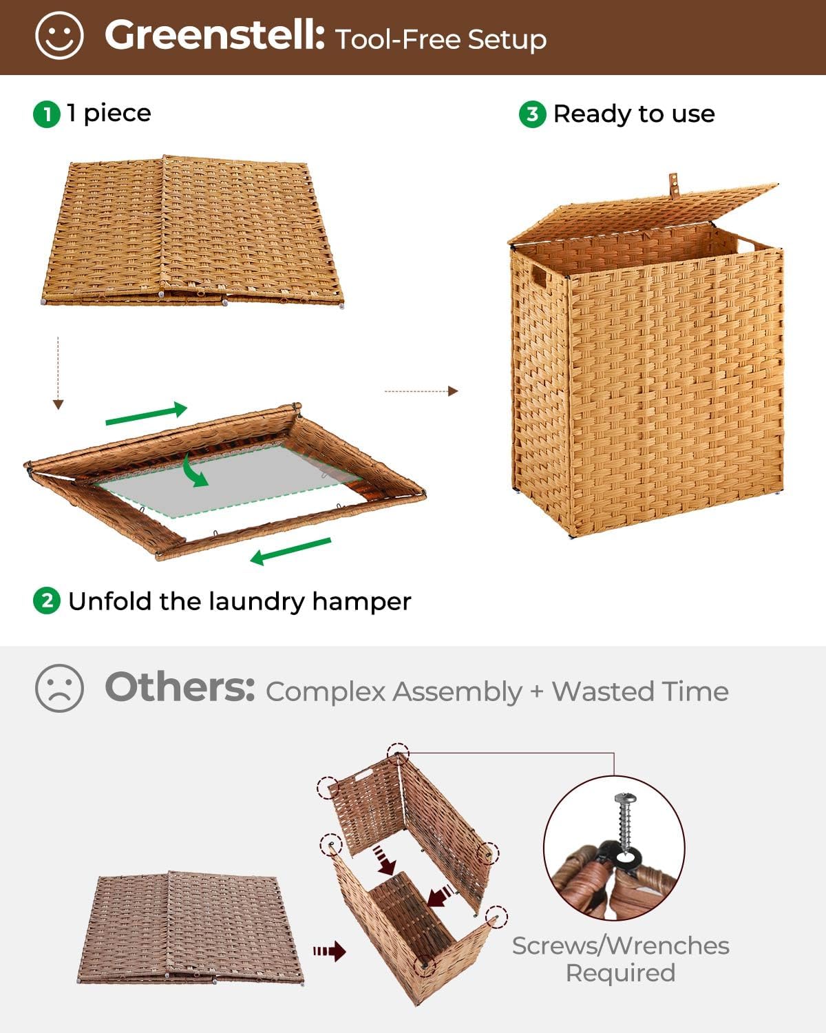 Greenstell Laundry Hamper with lid, No Install Needed, 110L Wicker Laundry Baskets Foldable 2 Removable Liner Bags, 2 Section Clothes Hamper Handwoven Rattan Laundry Basket with Handles, Natural