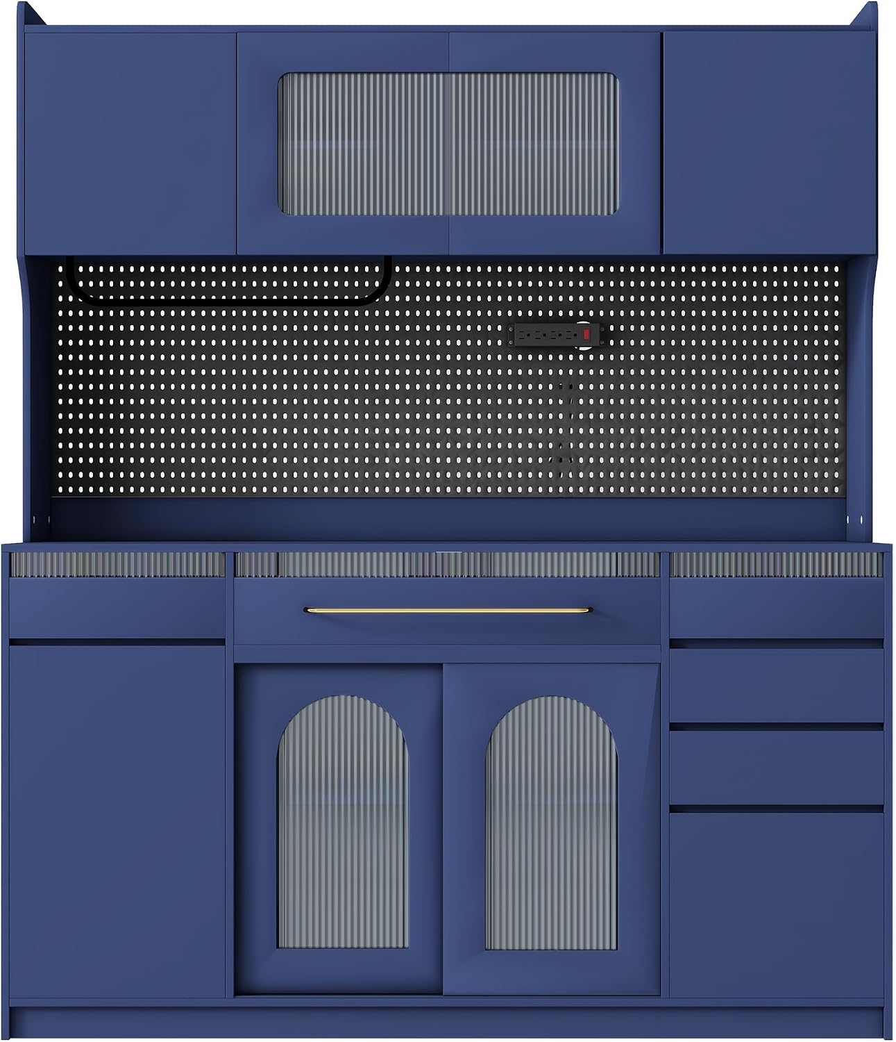 SOFTSEA Tall Kitchen Pantry with Hutch and 6 Drawers, Large Coffee Bar Storage Cabinet with 5 Doors & Adjustable Shelves, Pantry Organizer with Pegboard and Power Outlet, for Dining Room, Blue