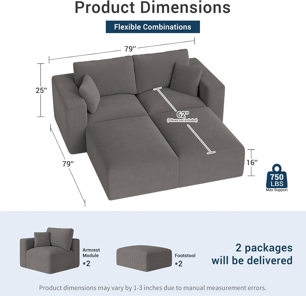 Modular Sleeper Sofa Bed Modern Sectional Couches for Living Room - 79" Boneless Cloud Couch - No Assembly Required Corduroy Convertible Sponge Compression Sofas with Chaise for Home House(Grey)