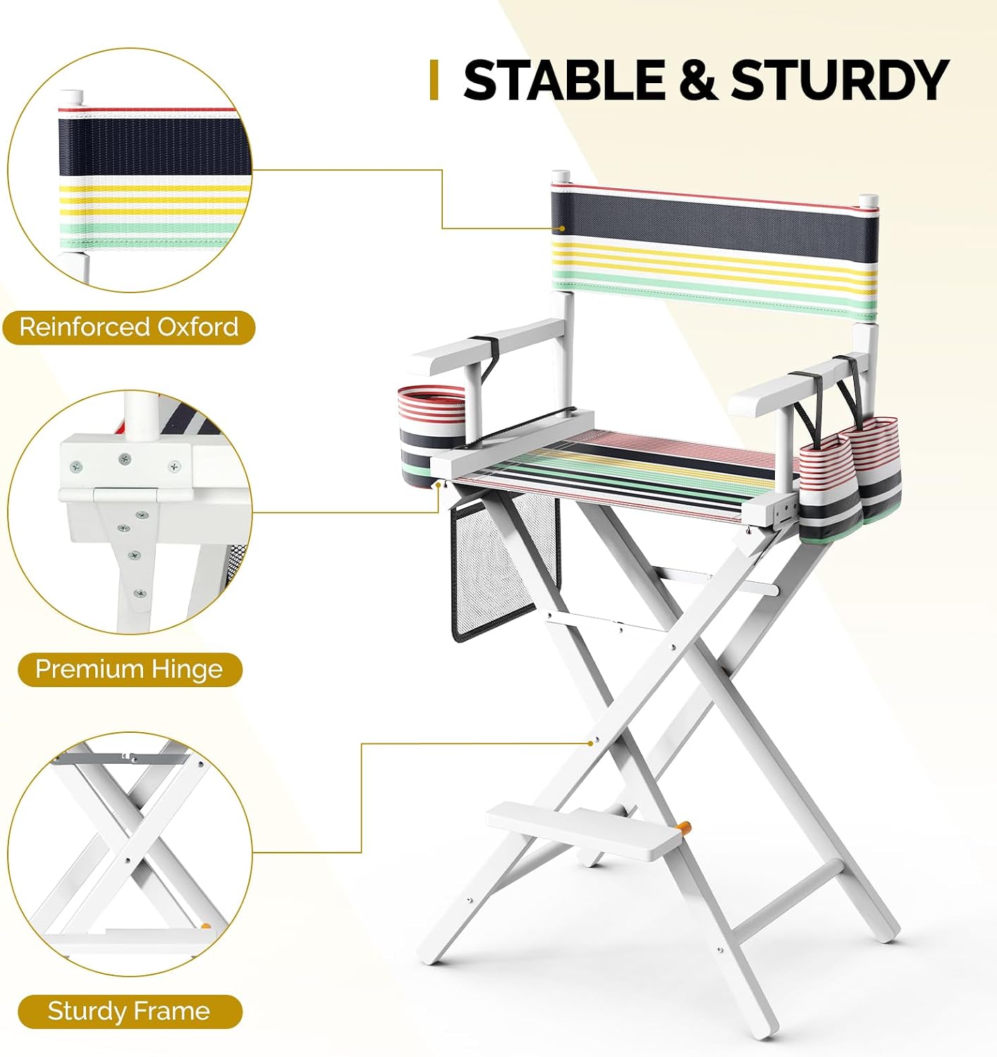 OmySalon Director's Chair 31" Height Folding Portable w/Storage Pouch & Footrest, Makeup Artist Chair for Salon, Events, Mobile, 250lb Capacity, White Wood Frame & Striped Canvas Seat
